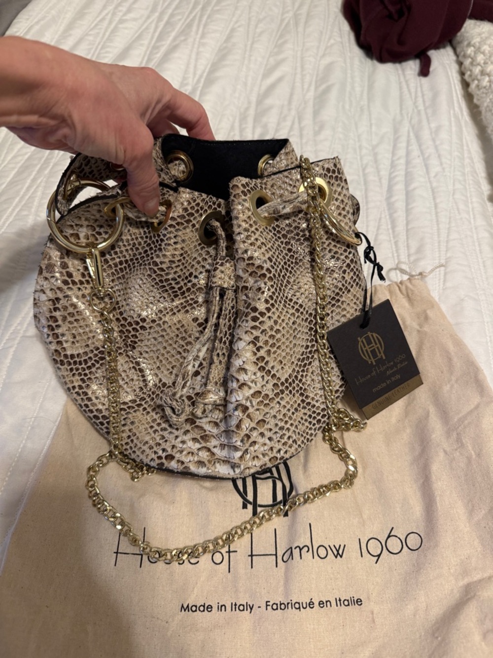 NWT House of Harlow 1960 Snake-Print Mini Bucket Bag in Taupe and Cream
